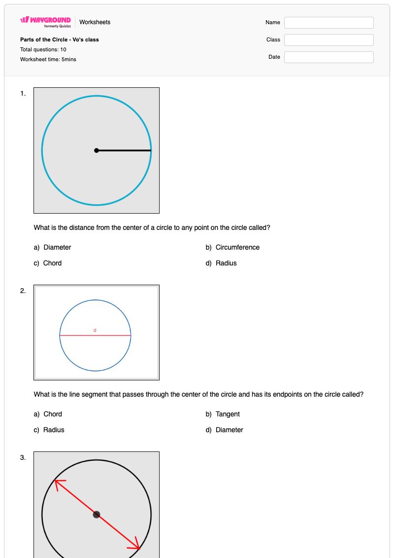 Parts of the Circle - Vo's class - พิมพ์ได้ เส้นผ่านศูนย์กลาง เวิร์กชีท ระดับ 3 - Wayground