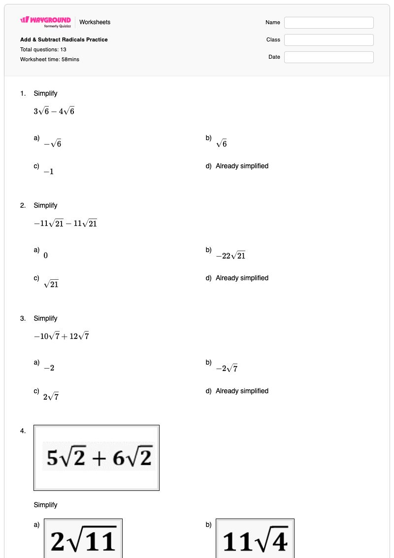 Add & Subtract Radicals Practice - พิมพ์ได้ Addition-and-subtraction เวิร์กชีท - Wayground