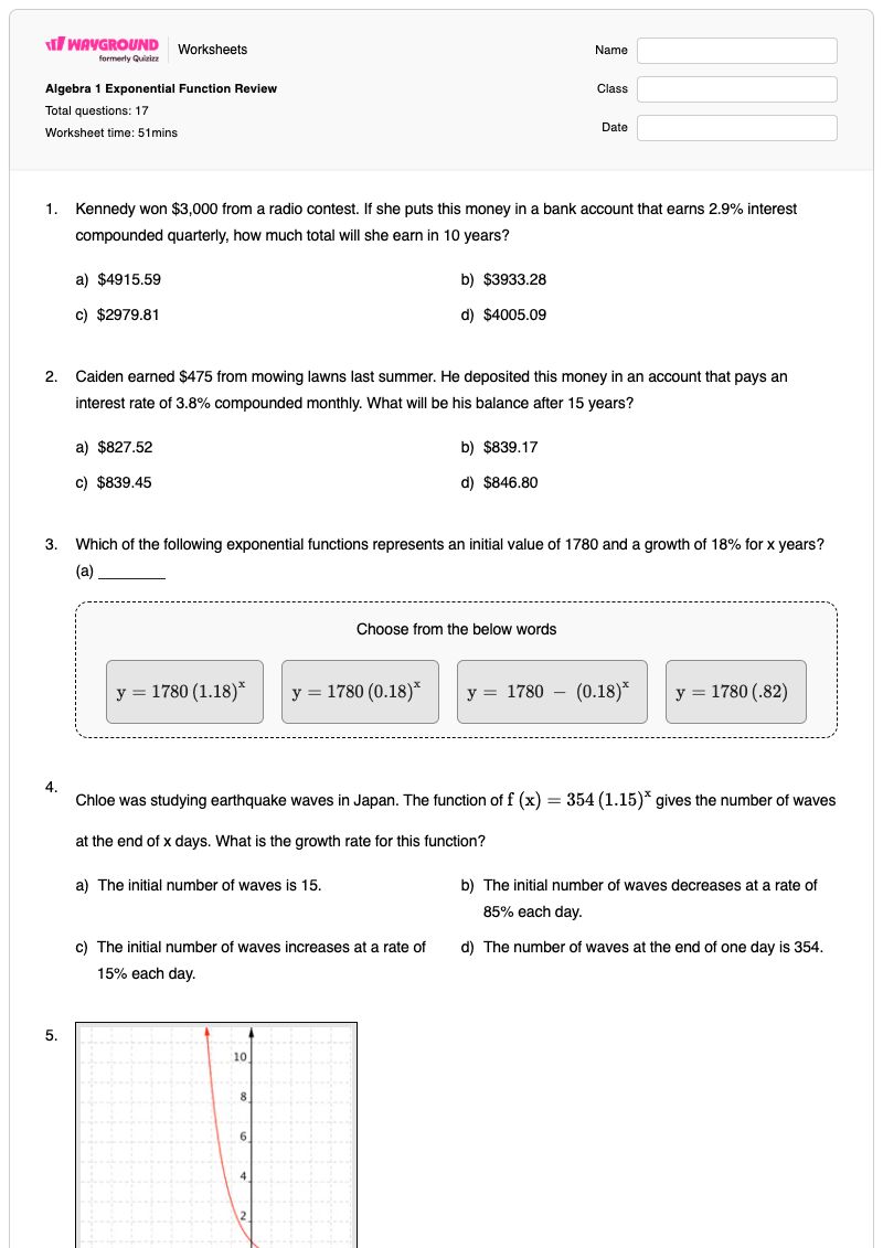 Algebra 1 Exponential Function Review  - พิมพ์ได้ Exponential-growth-and-decay เวิร์กชีท ระดับ 9 - Wayground