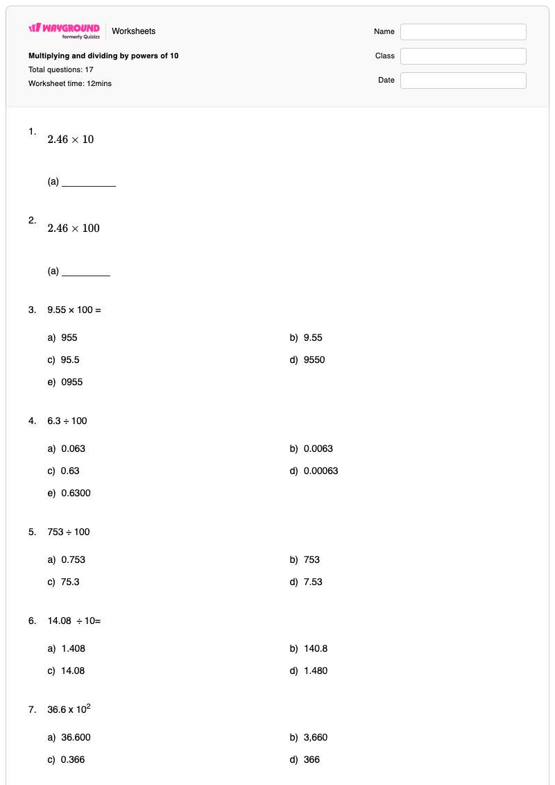 Multiplying and dividing by powers of 10 - Printable Powers-of-10 Worksheets - Wayground