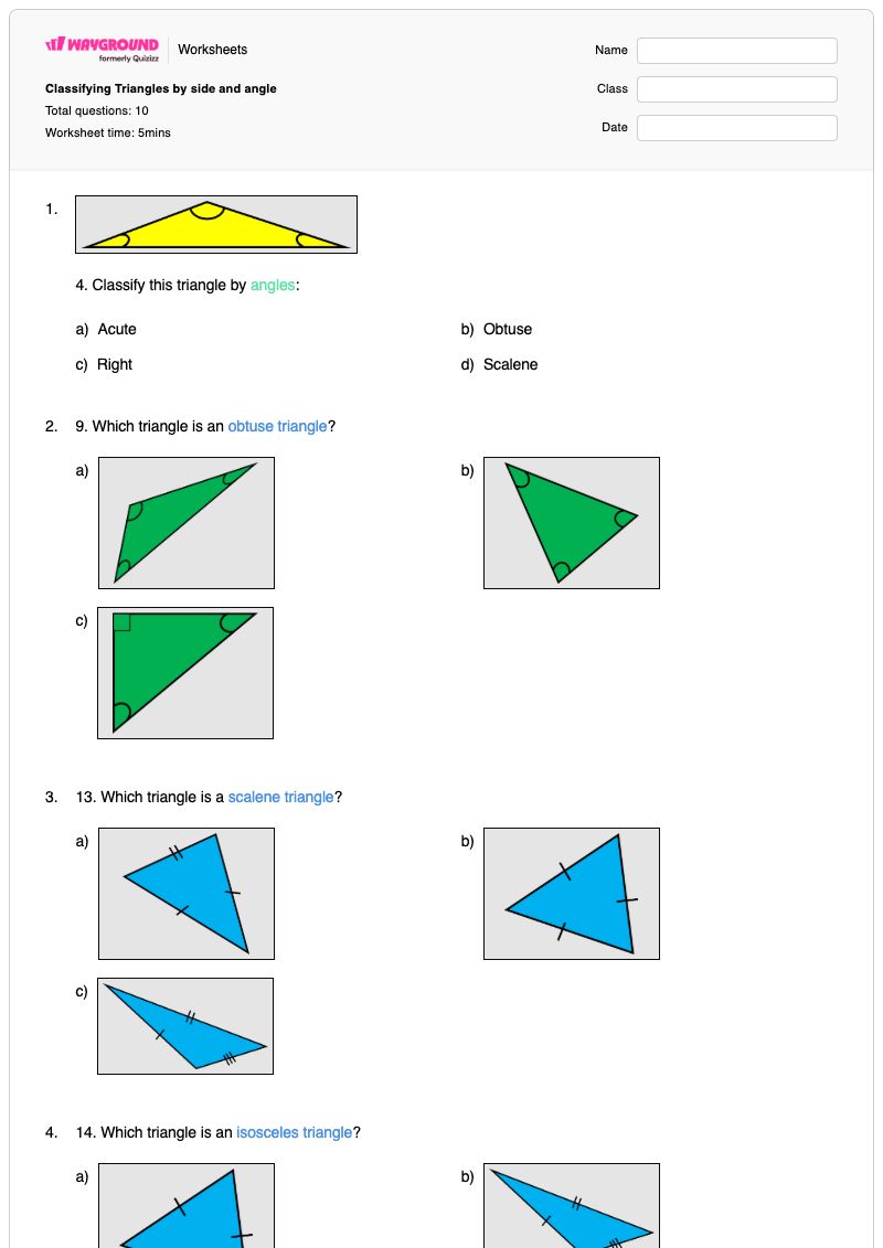 Classifying Triangles by side and angle - พิมพ์ได้ การจำแนกประเภทสามเหลี่ยม เวิร์กชีท - Wayground