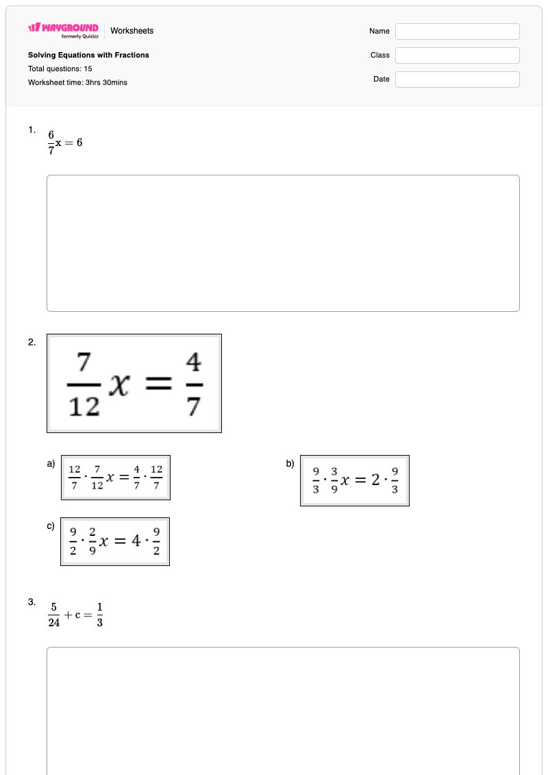 Solving Equations with Fractions - พิมพ์ได้ การแก้สมการเศษส่วน เวิร์กชีท - Wayground