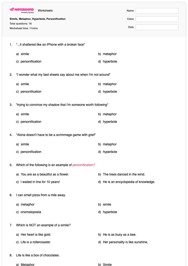 Simile, Metaphor, Hyperbole, Personification - พิมพ์ได้ การกล่าวเกินจริง เวิร์กชีท - Wayground