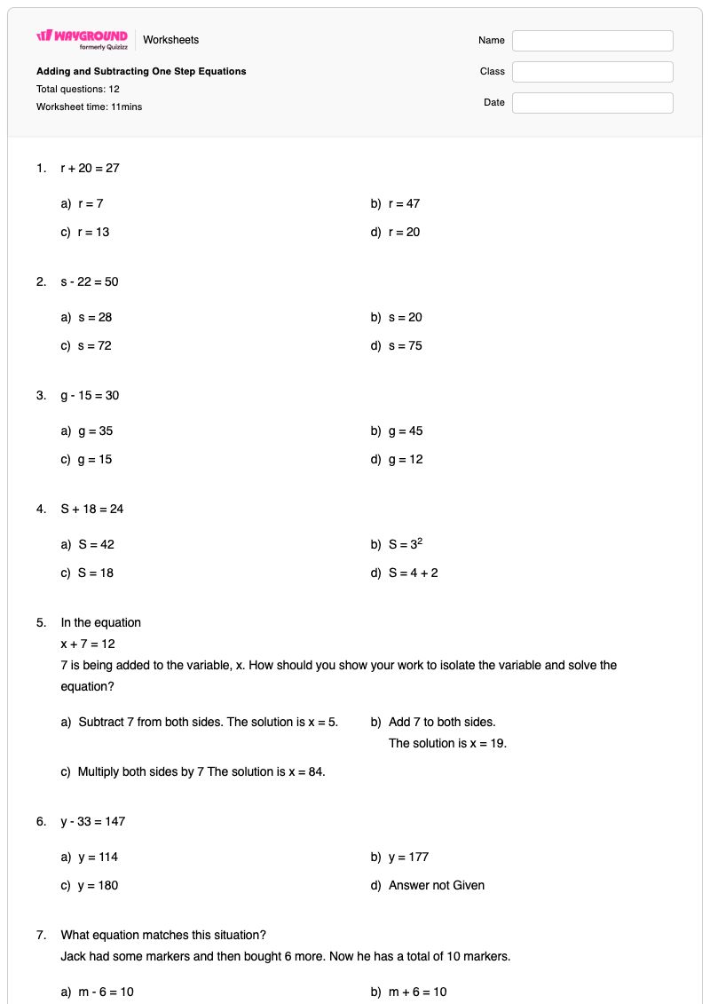 Adding and Subtracting One Step Equations - พิมพ์ได้ สมการขั้นตอนเดียว เวิร์กชีท - Wayground