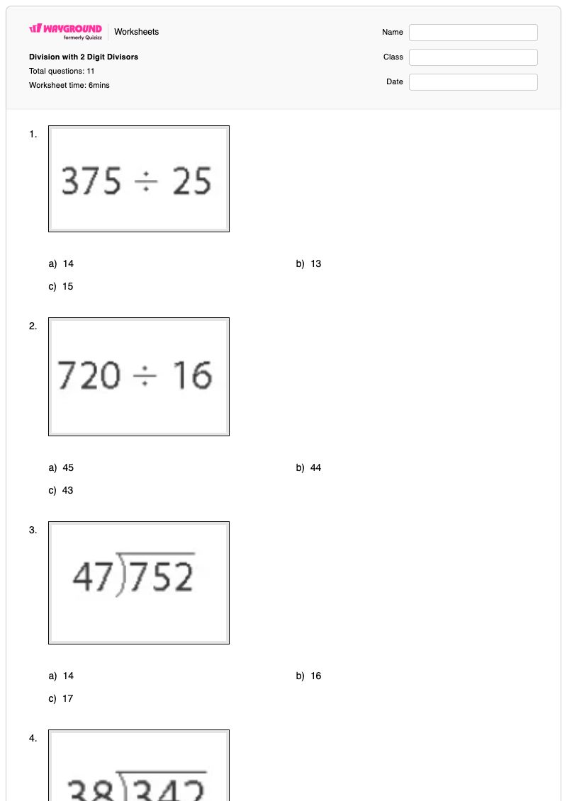 Division with 2 Digit Divisors - Printable Division Worksheets - Wayground