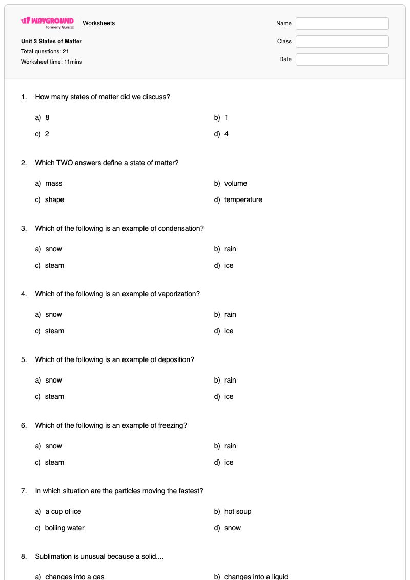 Unit 3 States of Matter - Printable States-of-matter Worksheets - Wayground