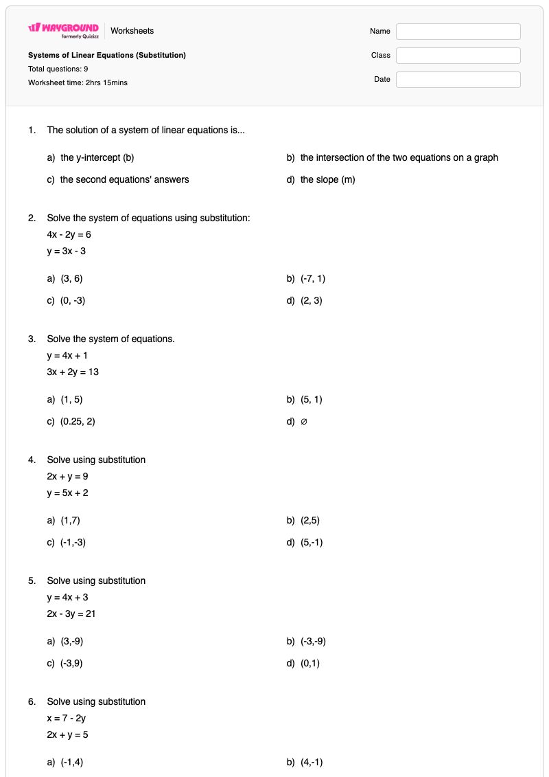 Systems of Linear Equations (Substitution) - Printable Systems-of-equations Worksheets - Wayground