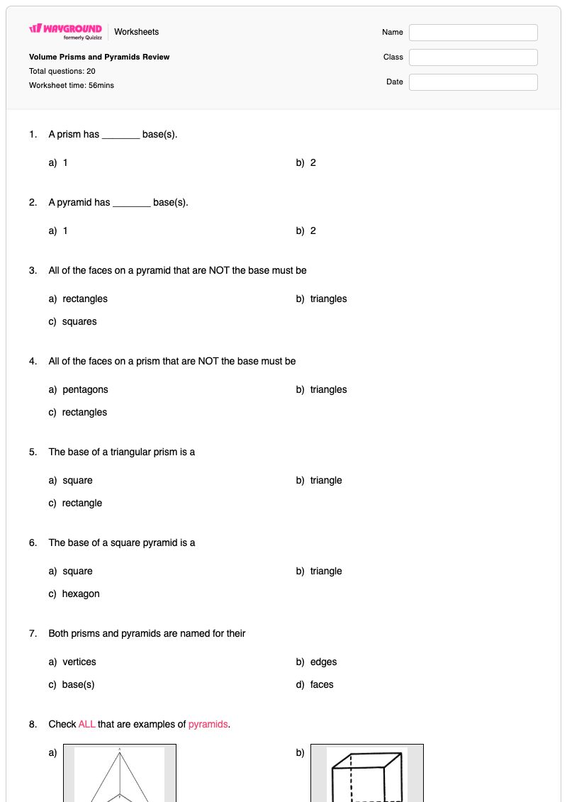 Volume Prisms and Pyramids Review - Printable Prisms-and-pyramids Worksheets Year 7 - Wayground