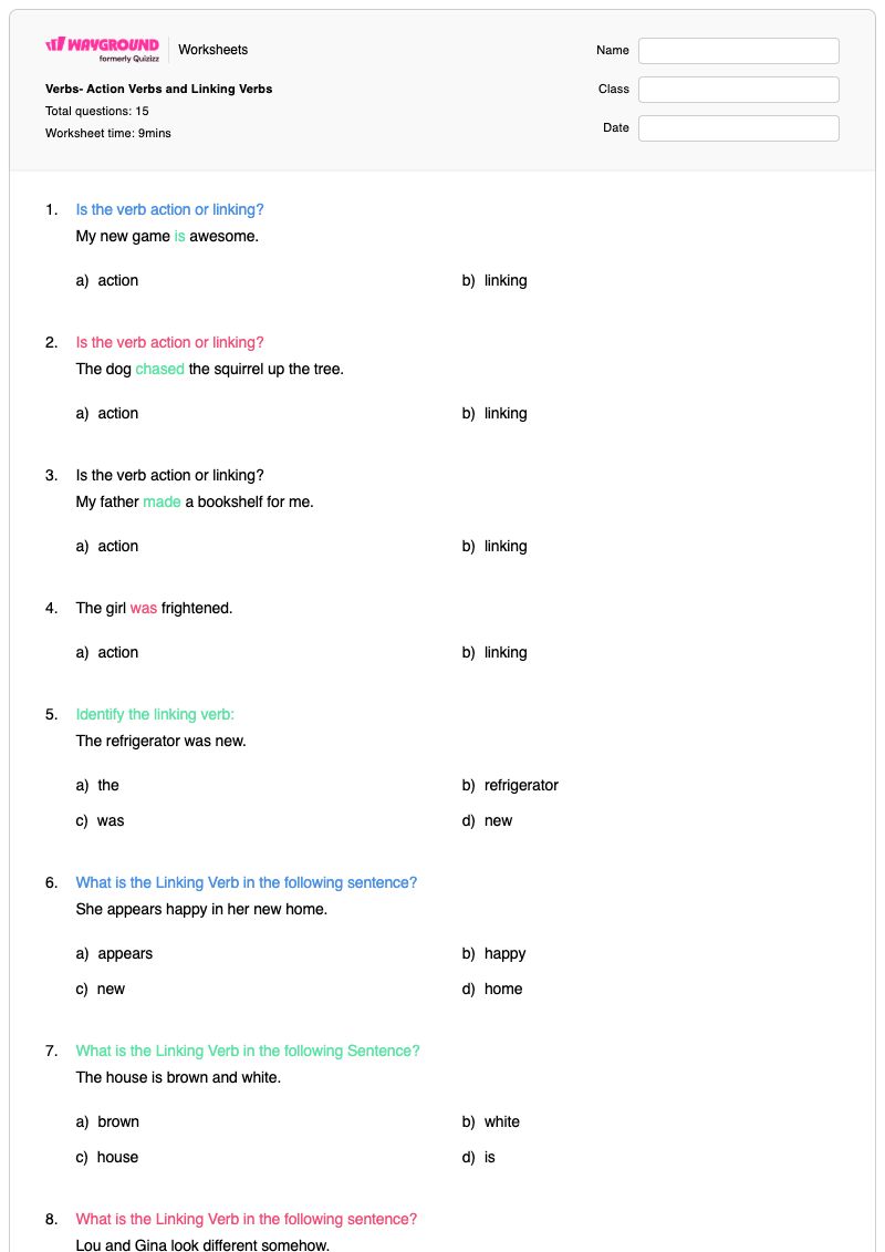 Verbs- Action Verbs and Linking Verbs - พิมพ์ได้ คำกริยาแสดงการกระทำ เวิร์กชีท - Wayground