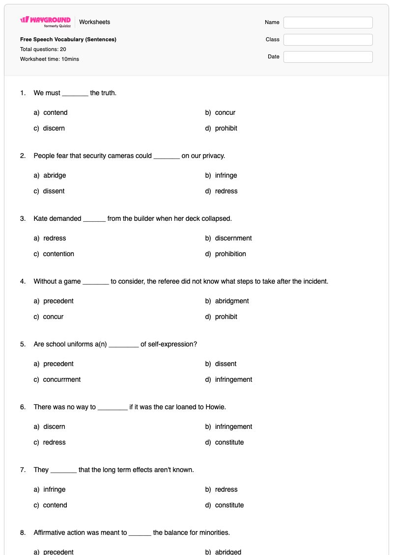 Free Speech Vocabulary (Sentences) - Printable Name-tracing Worksheets Kindergarten - Wayground