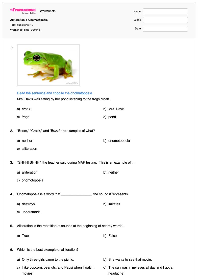 Alliteration & Onomatopoeia  - Printable Onomatopoeia Worksheets - Wayground