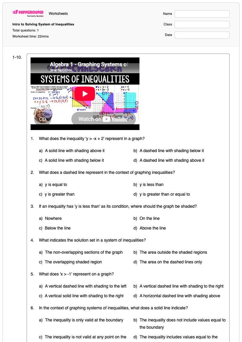 Intro to Solving System of Inequalities - Printable Graphing-and-shading-solutions Worksheets Class 8 - Wayground