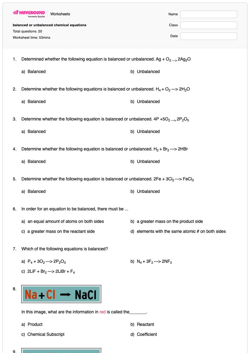 balanced or unbalanced chemical equations - Printable Balanced-chemical-equations Worksheets - Wayground
