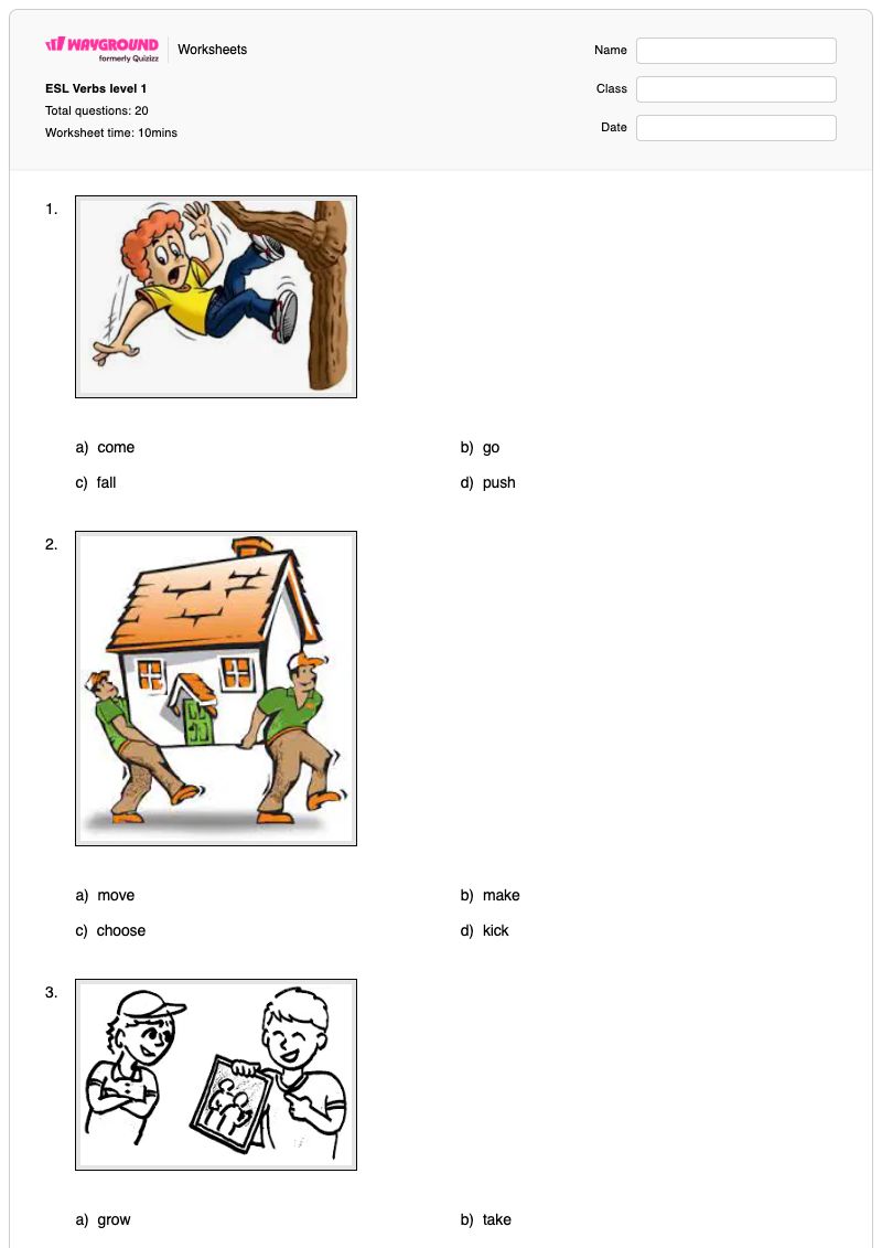 ESL Verbs level 1 - พิมพ์ได้ Esl เวิร์กชีท - Wayground