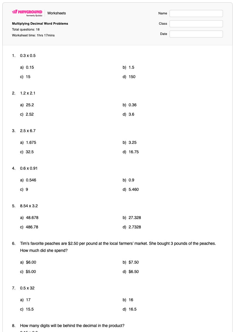 Multiplying Decimal Word Problems - พิมพ์ได้ โจทย์ปัญหาเกี่ยวกับทศนิยม เวิร์กชีท ระดับ 7 - Wayground
