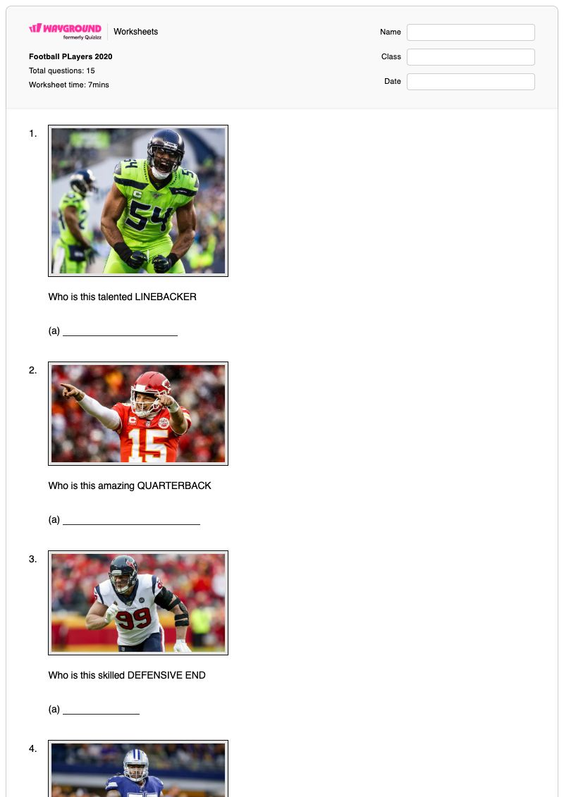 Football PLayers 2020 - Printable Science Worksheets - Wayground