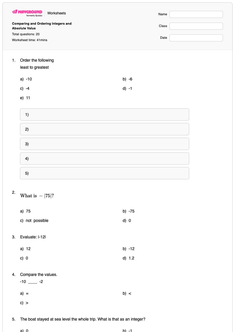 Comparing and Ordering Integers and Absolute Value - Printable Opposite-integers Worksheets Year 6 - Wayground
