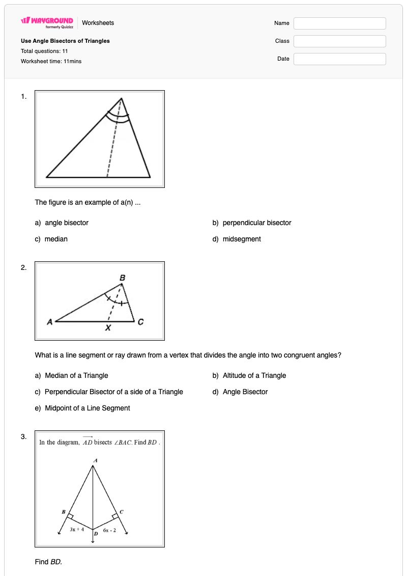 Use Angle Bisectors of Triangles - พิมพ์ได้ Angle-bisector เวิร์กชีท - Wayground