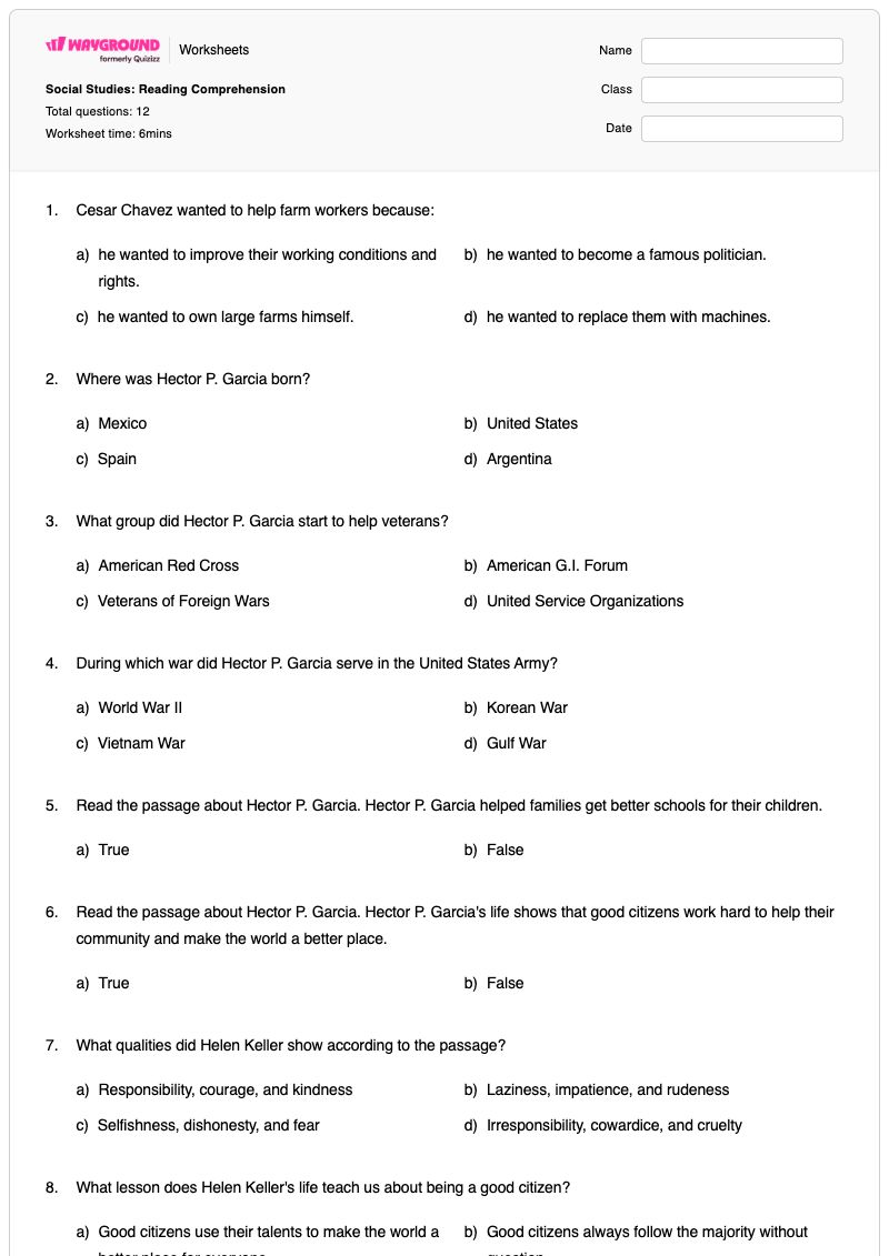 Social Studies: Reading Comprehension - Printable Social-studies Worksheets - Wayground