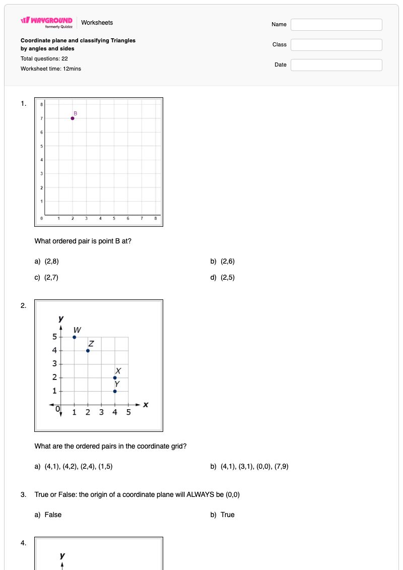 Coordinate plane and classifying Triangles by angles and sides - พิมพ์ได้ การจำแนกประเภทสามเหลี่ยม เวิร์กชีท - Wayground
