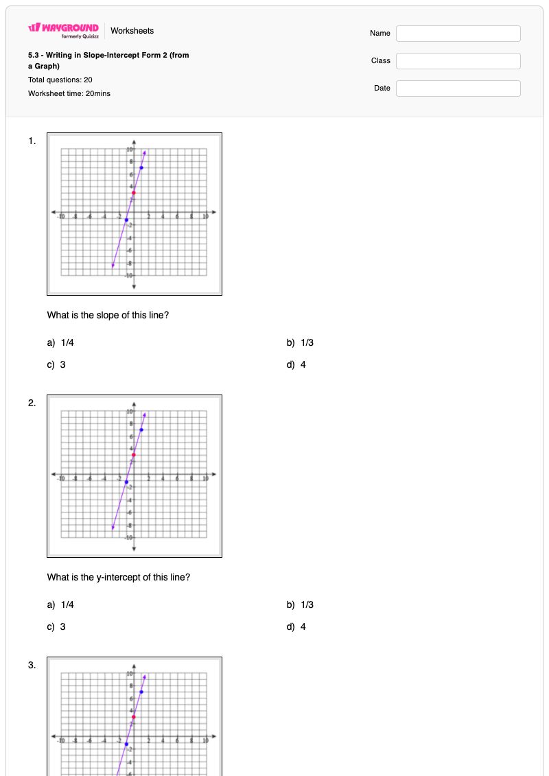 5.3 - Writing in Slope-Intercept Form 2 (from a Graph) - พิมพ์ได้ รูปแบบความชัน-จุดตัดแกน เวิร์กชีท - Wayground