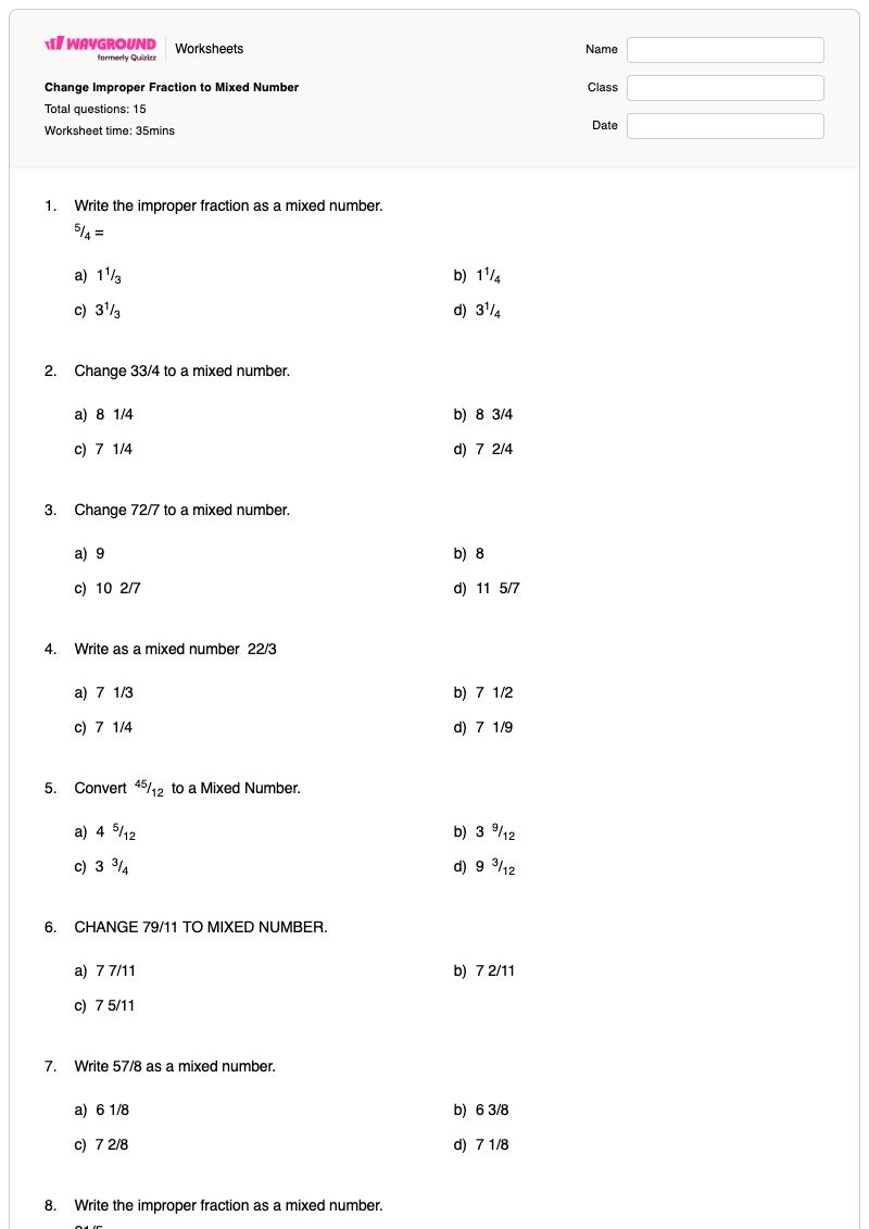 Change Improper Fraction to Mixed Number - พิมพ์ได้ จำนวนคละและเศษส่วนเกิน เวิร์กชีท - Wayground