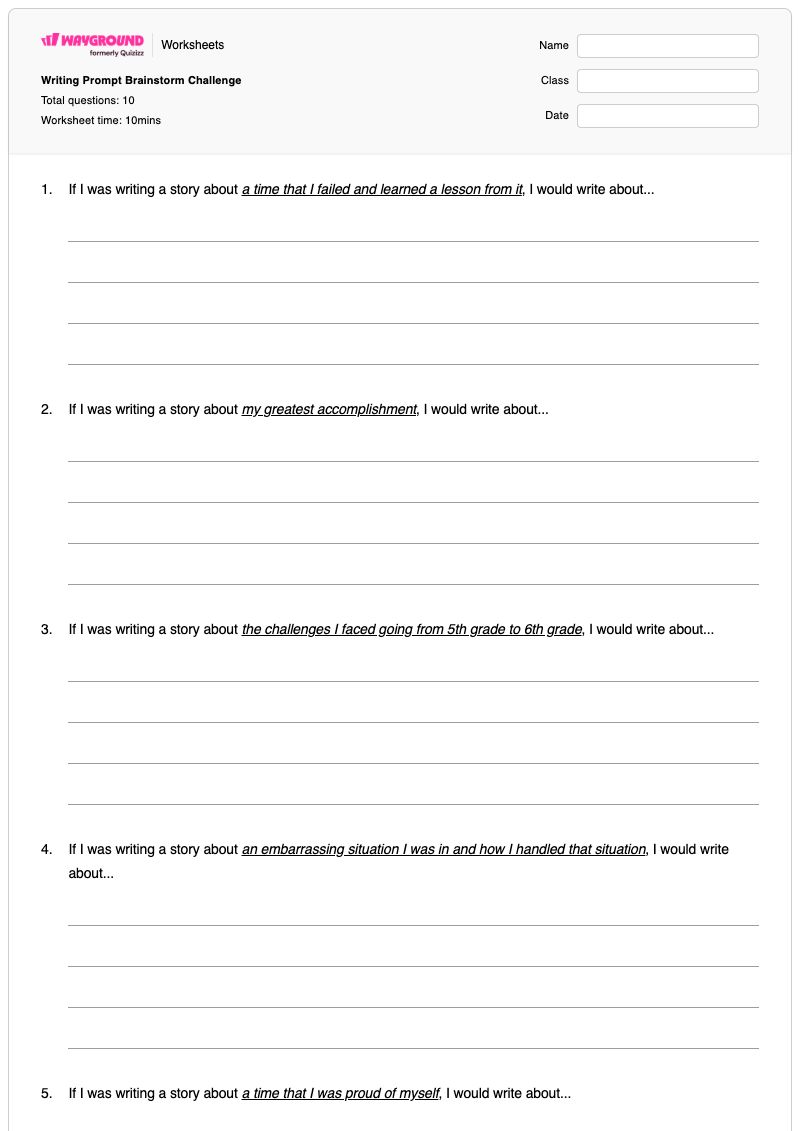 Writing Prompt Brainstorm Challenge  - Printable Writing Worksheets Kindergarten - Wayground