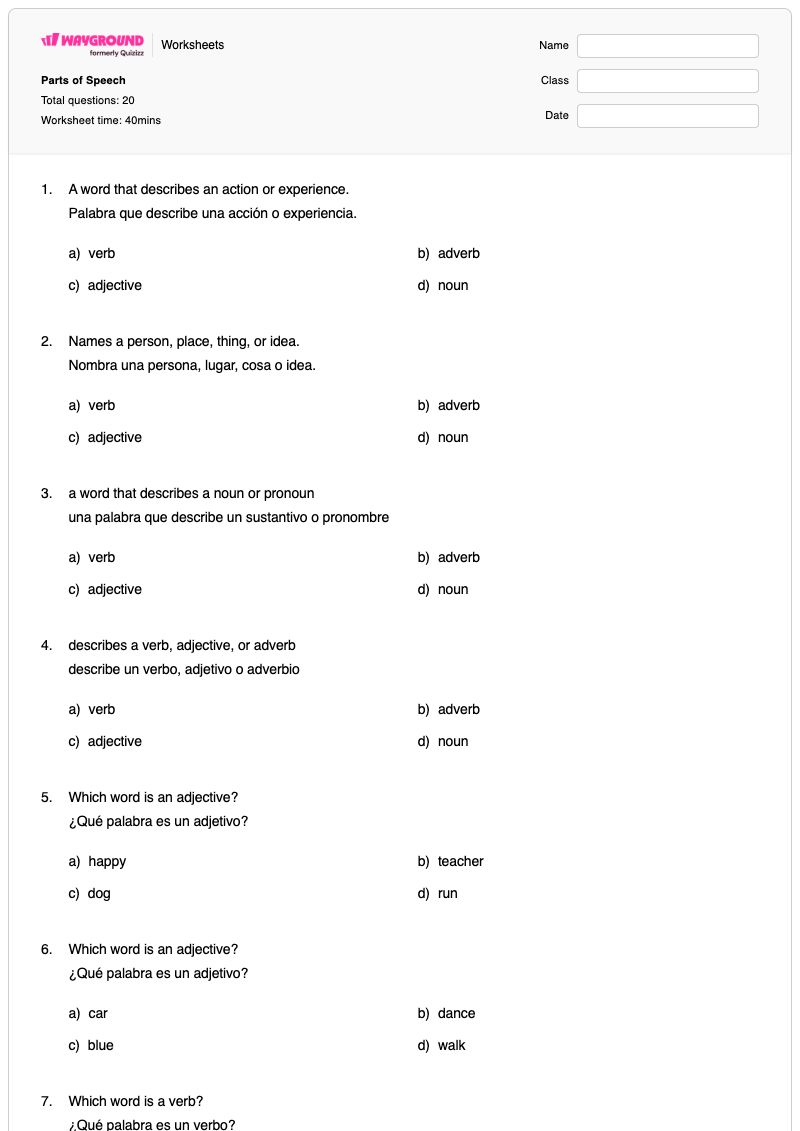 Parts of Speech - พิมพ์ได้ ส่วนประกอบของคำพูด เวิร์กชีท - Wayground