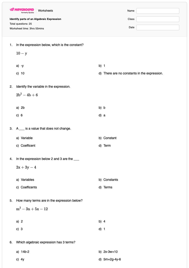 Identify parts of an Algebraic Expression  - Printable Parts-of-an-expression Worksheets - Wayground