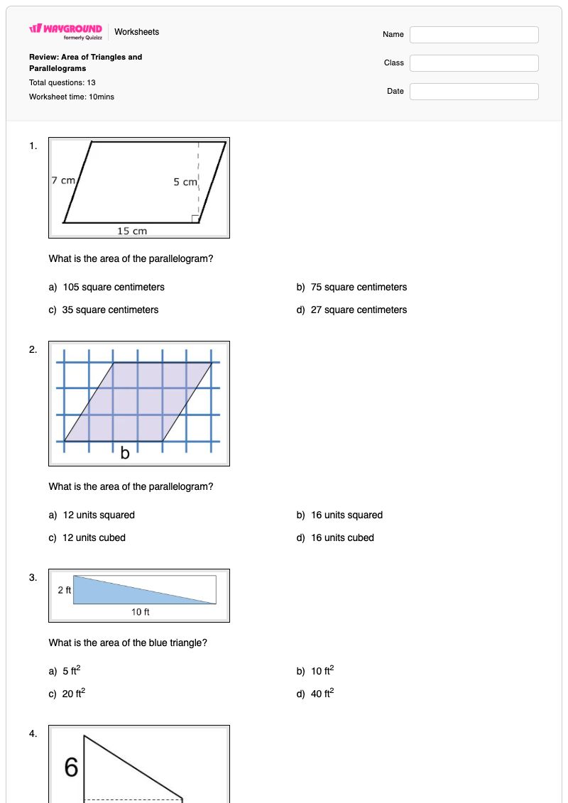 Review:  Area of Triangles and Parallelograms - Printable Area-of-a-parallelogram Worksheets - Wayground