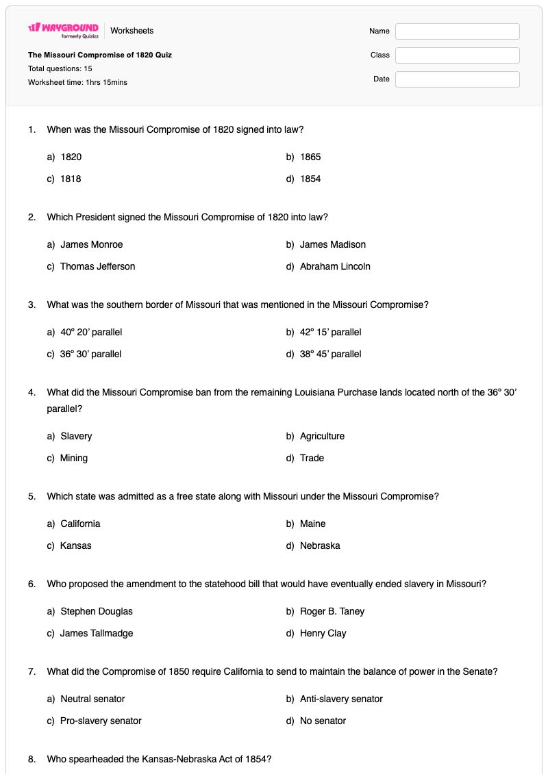 The Missouri Compromise of 1820 Quiz - พิมพ์ได้ Missouri-compromise เวิร์กชีท - Wayground