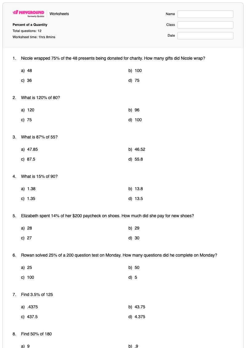 Percent of a Quantity - Printable Percentage-of-a-quantity Worksheets Class 6 - Wayground