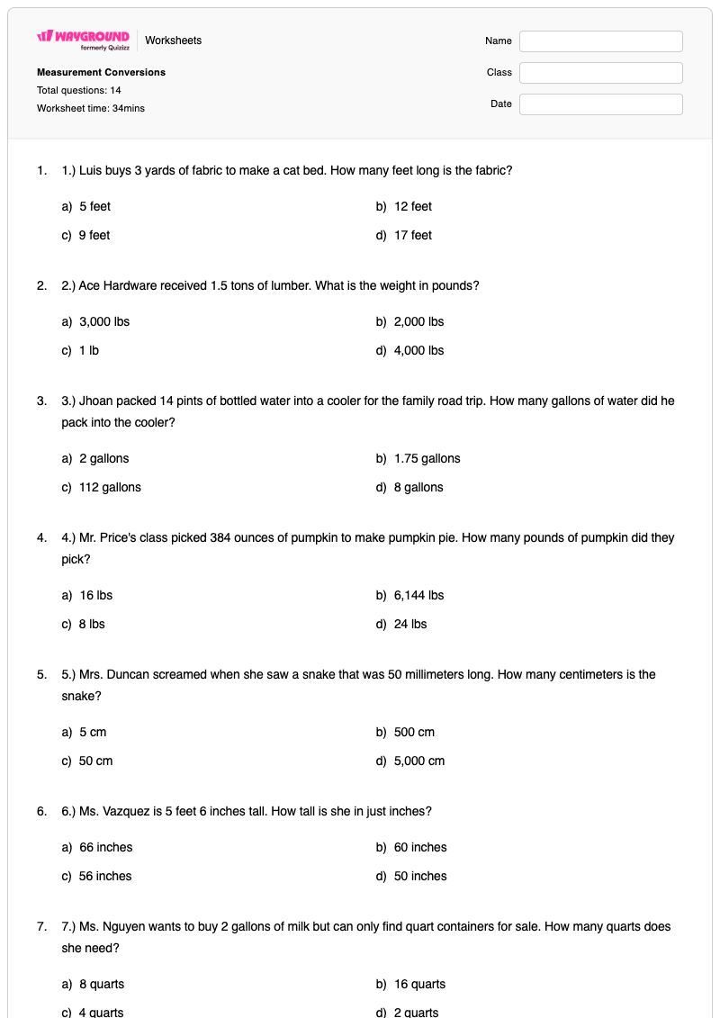Measurement Conversions - Printable Units-and-measurement Worksheets - Wayground