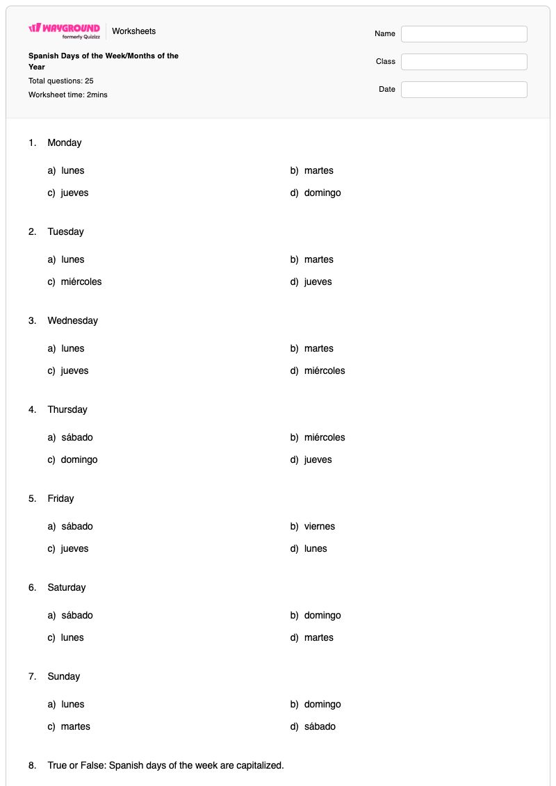 Spanish Days of the Week/Months of the Year - Printable Days-of-the-week Worksheets - Wayground