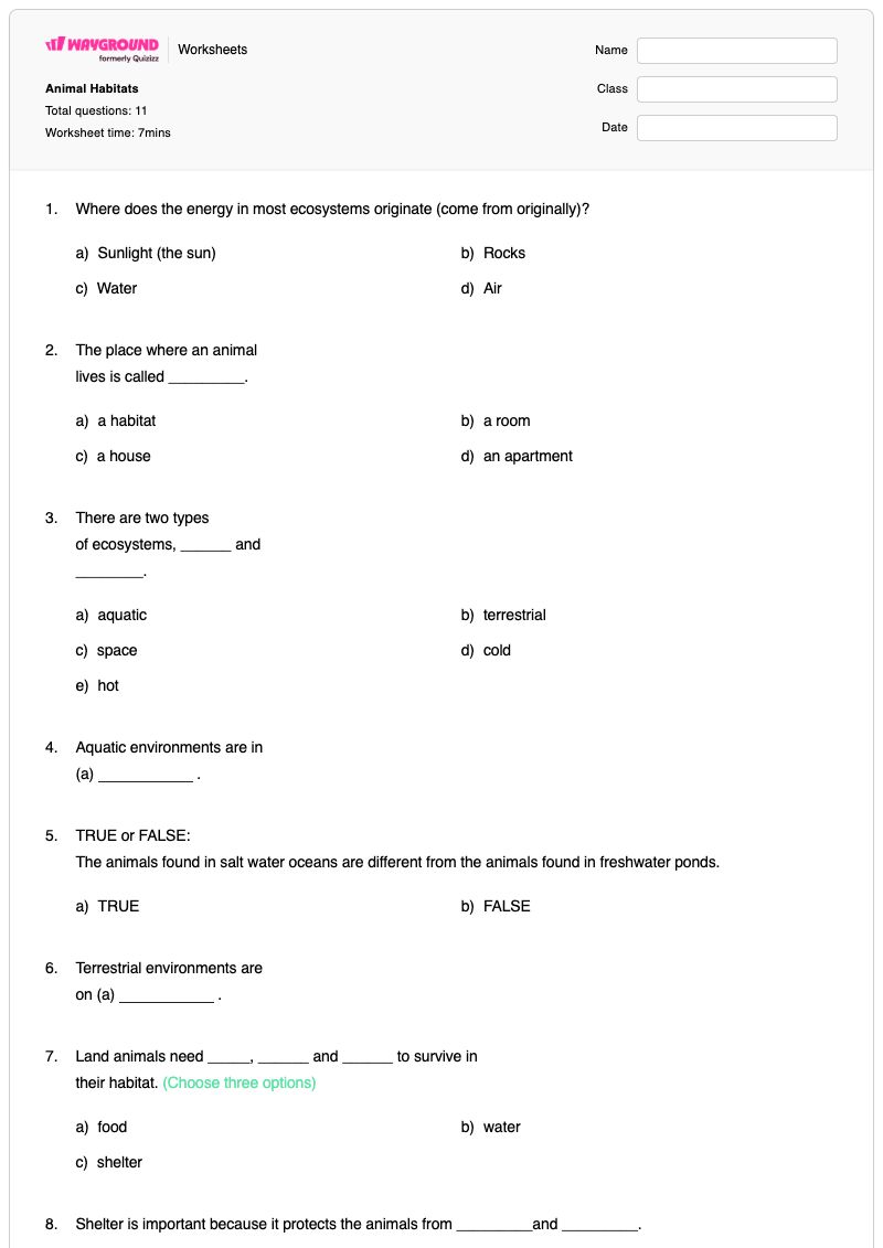 Animal Habitats - Printable Animal-habitat Worksheets Year 4 - Wayground