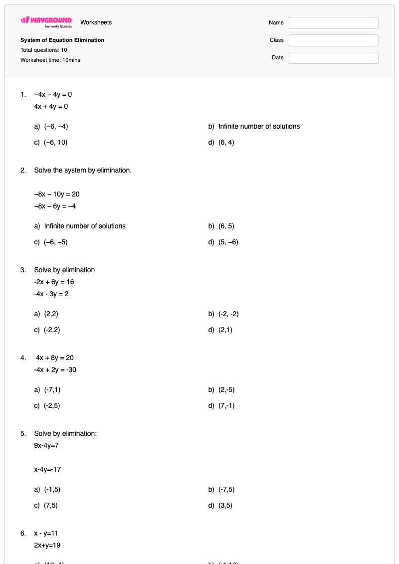 System of Equation Elimination - Printable Systems-of-equations Worksheets - Wayground