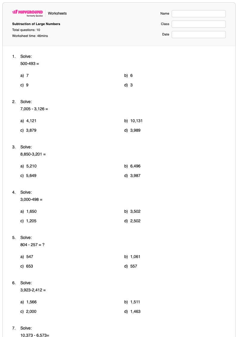 Subtraction of Large Numbers - Printable Subtraction Worksheets - Wayground