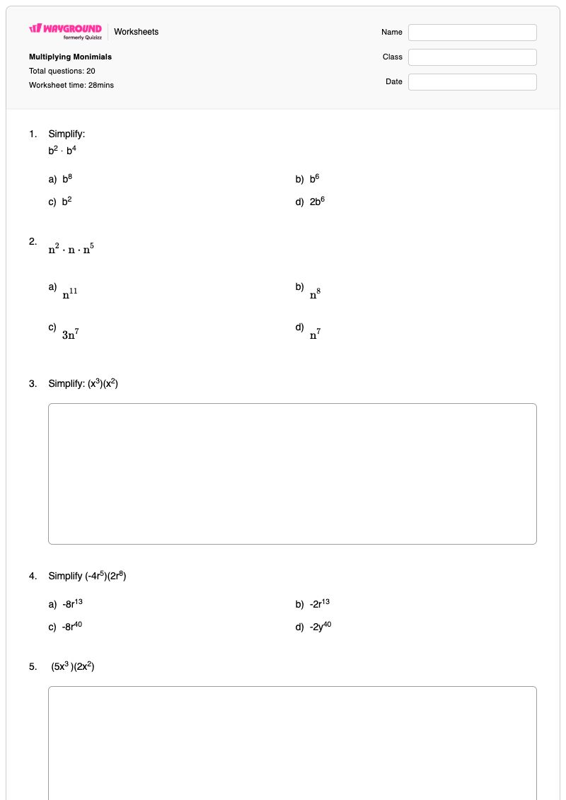 Multiplying Monimials - Printable Power-to-a-power Worksheets - Wayground