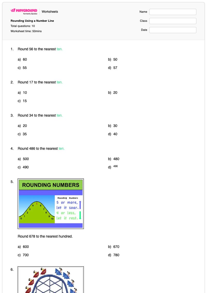 Rounding Using a Number Line - Printable Rounding-on-a-number-line Worksheets - Wayground