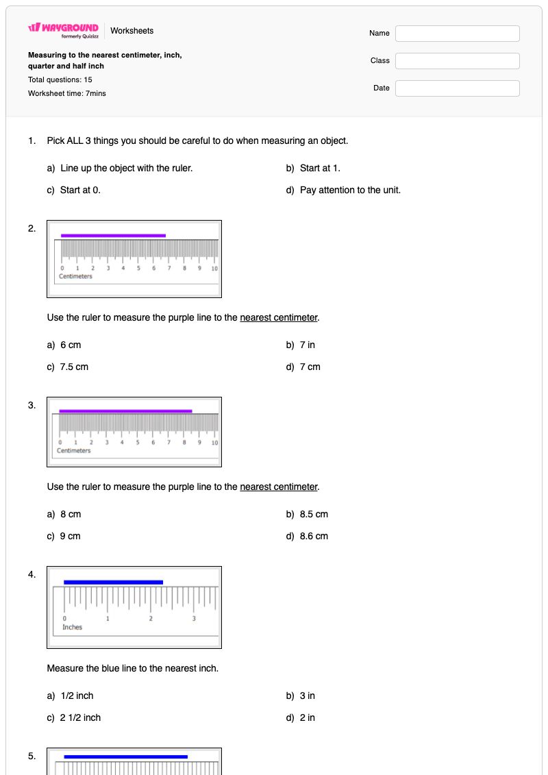 Measuring to the nearest centimeter, inch, quarter and half inch - Printable Measuring-to-the-nearest-quarter-inch Worksheets - Wayground