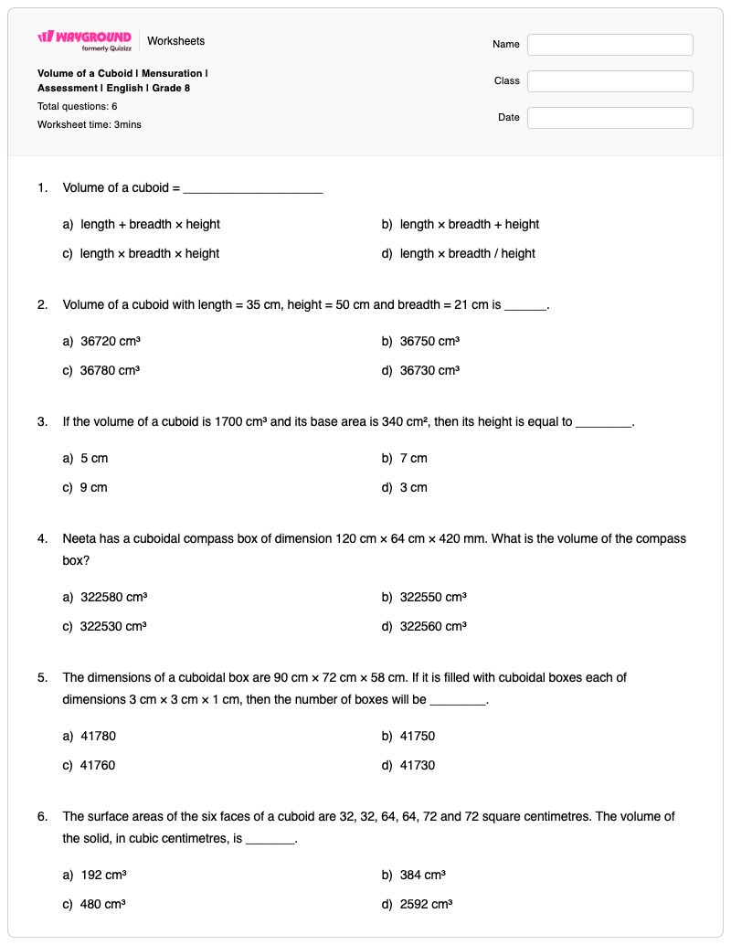 Volume of a Cuboid | Mensuration | Assessment | English | Grade 8 - พิมพ์ได้ Cuboids เวิร์กชีท โรงเรียนอนุบาล - Wayground