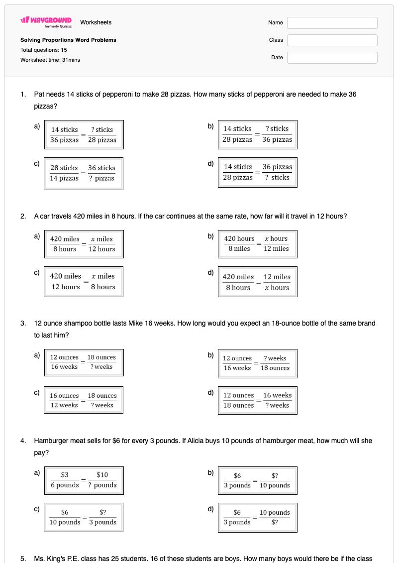 Solving Proportions Word Problems - พิมพ์ได้ โจทย์ปัญหาเกี่ยวกับสัดส่วน เวิร์กชีท - Wayground