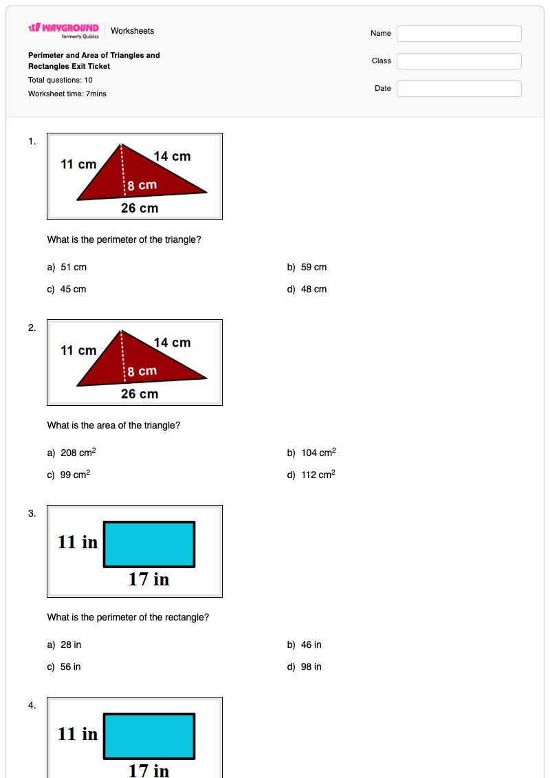 Perimeter and Area of Triangles and Rectangles Exit Ticket - พิมพ์ได้ พื้นที่และปริมณฑล เวิร์กชีท - Wayground