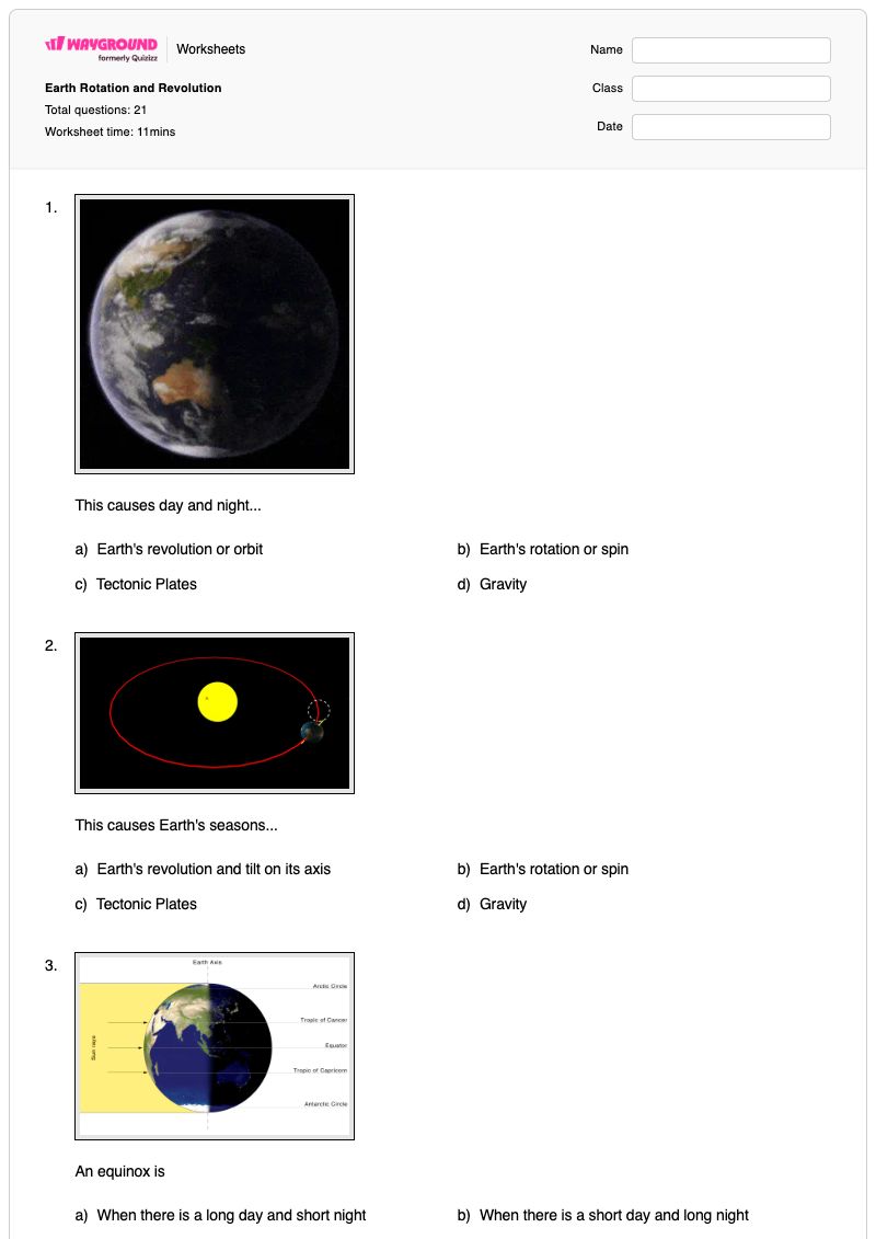 Earth Rotation and Revolution - พิมพ์ได้ การหมุนและการโคจร เวิร์กชีท ระดับ 7 - Wayground