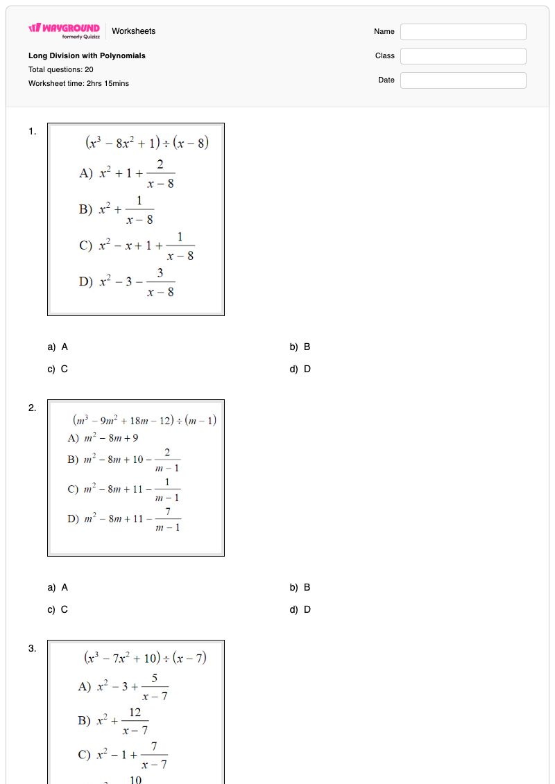 Long Division with Polynomials - Printable Division Worksheets - Wayground