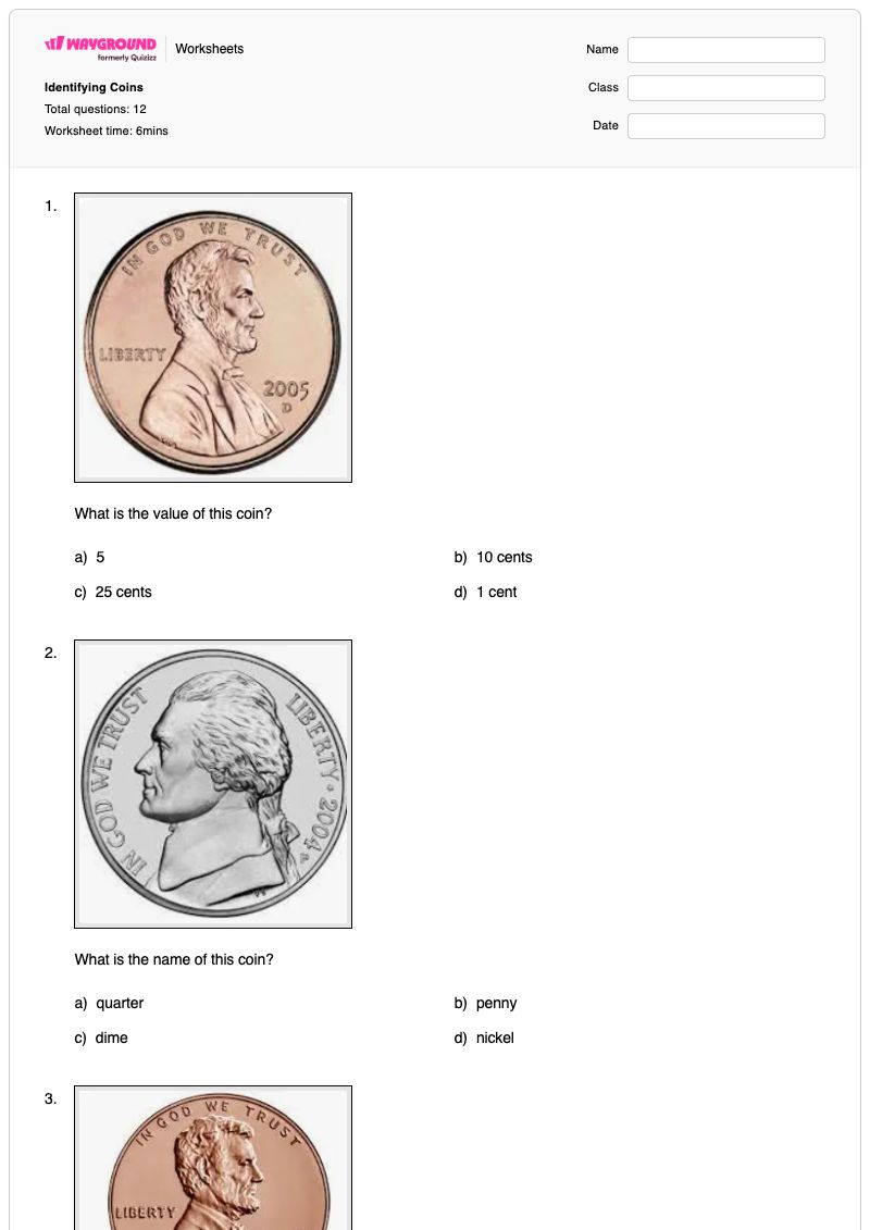 Identifying Coins - Printable Identifying-coins Worksheets Year 1 - Wayground