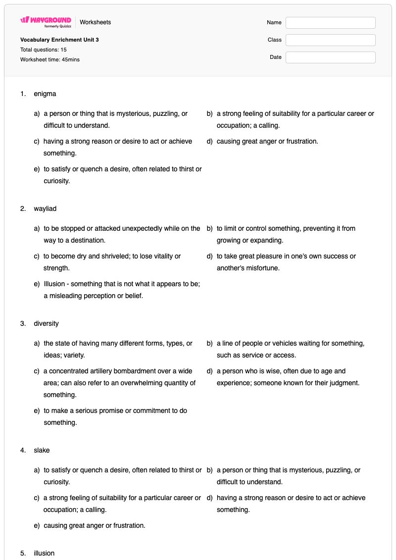 Vocabulary Enrichment Unit 3 - Printable Chemistry Worksheets - Wayground