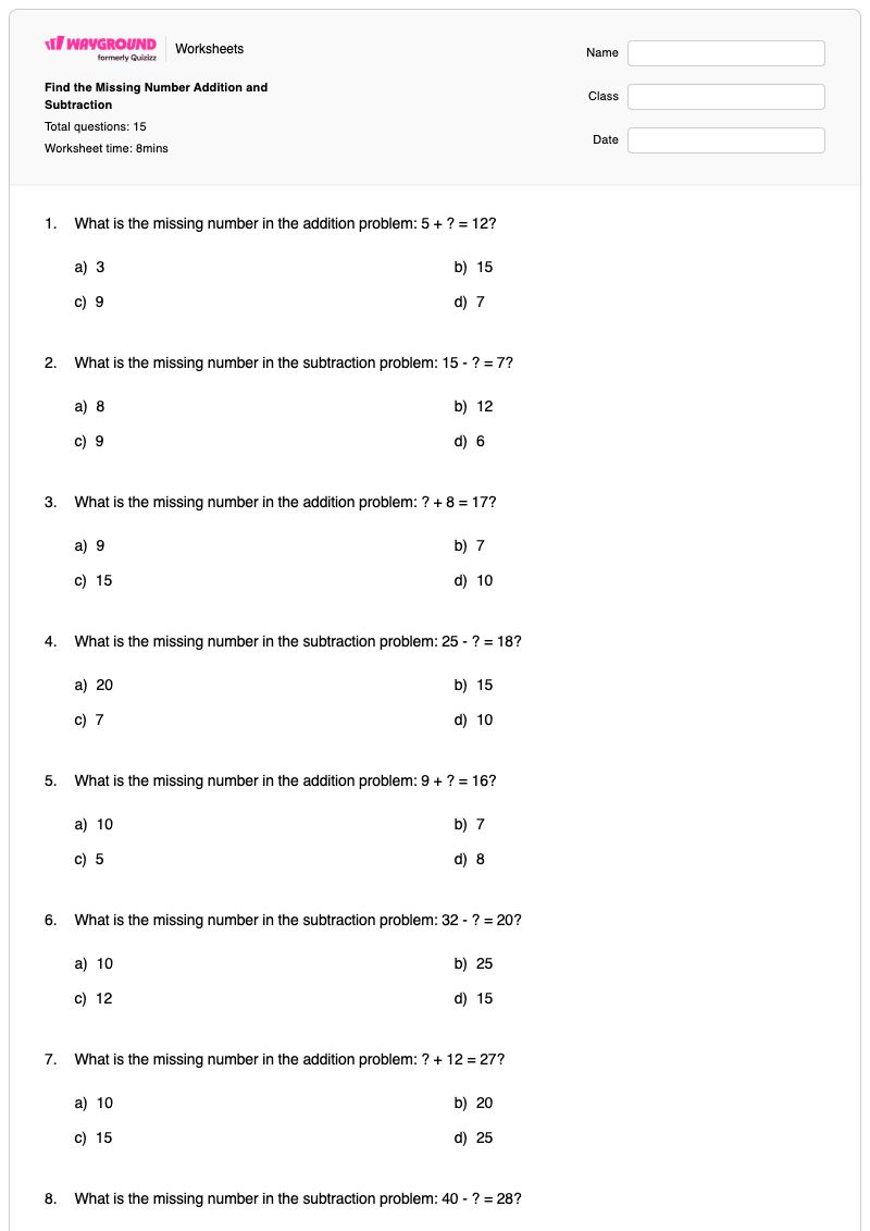 Find the Missing Number Addition and Subtraction - พิมพ์ได้ การลบและการหาตัวเลขที่หายไป เวิร์กชีท - Wayground