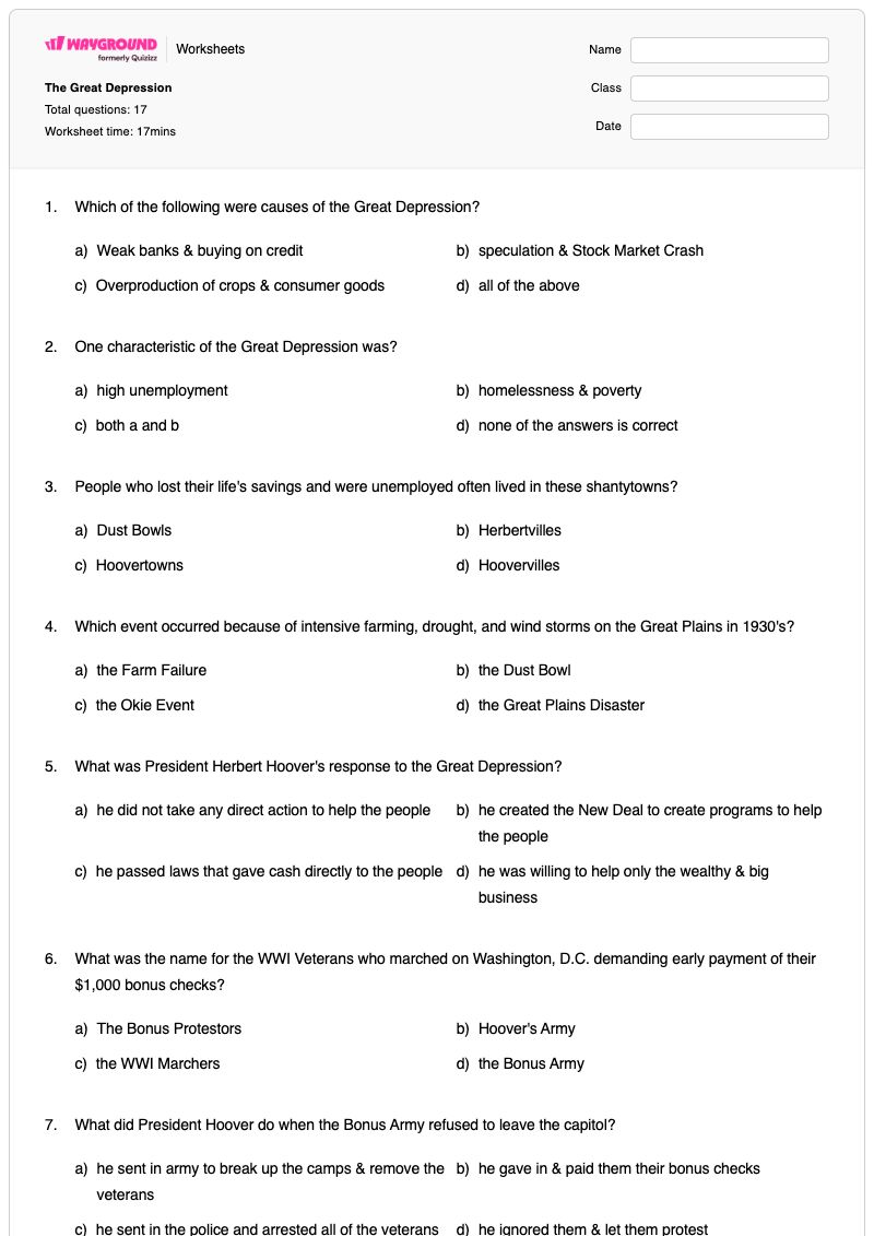 The Great Depression - Printable Great-depression Worksheets Year 11 - Wayground