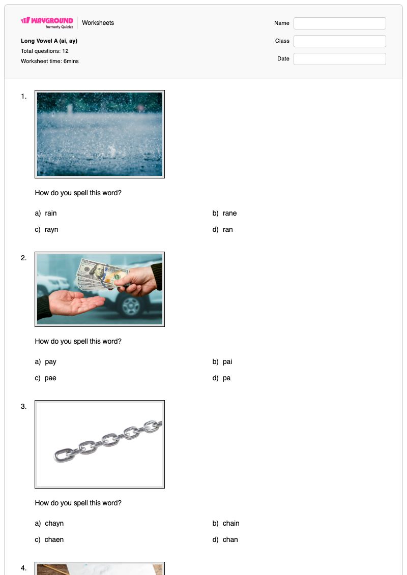 Long Vowel A (ai, ay) - พิมพ์ได้ Long-vowel-patterns เวิร์กชีท ระดับ 1 - Wayground